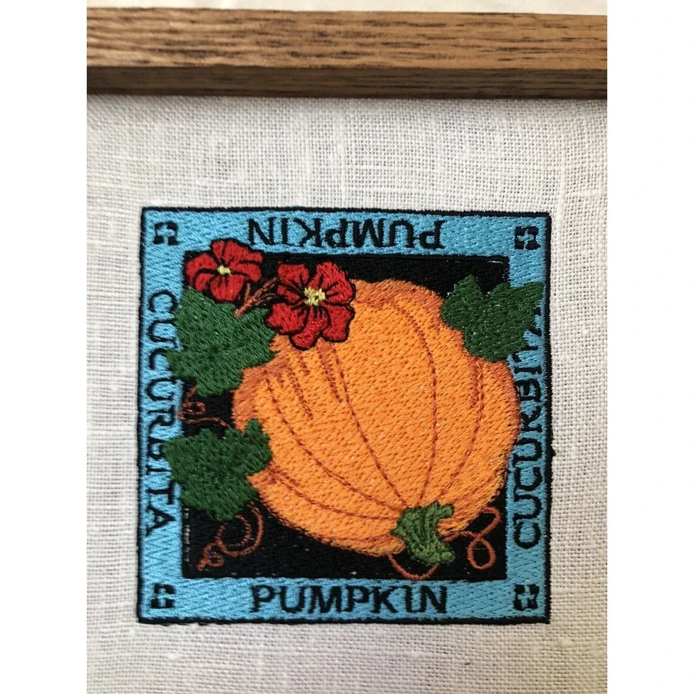 Machine Embroidered Pumpkin Picture On Linen With Wood Frame‎ 6 X 6